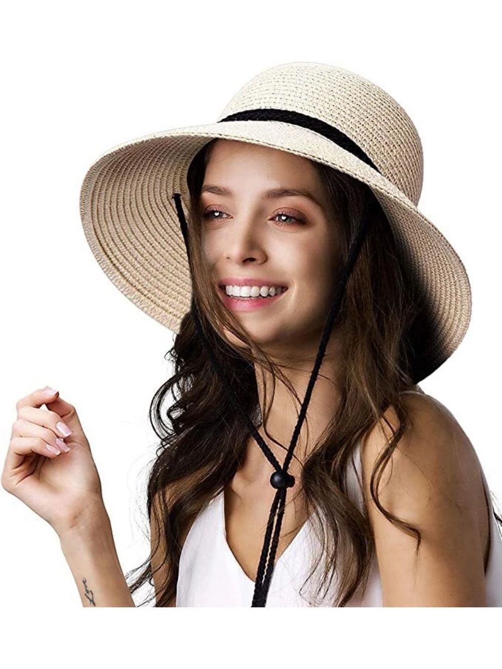 FURTALK Women's Straw Wide Brim Sun Hat With Wind Lanyard UPF Size M